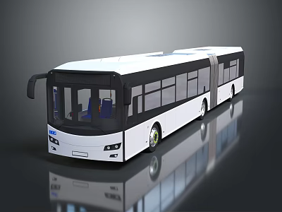 Modern White Articulated Bus with Black Windows and Blue Seats on Reflective Surface 3d model