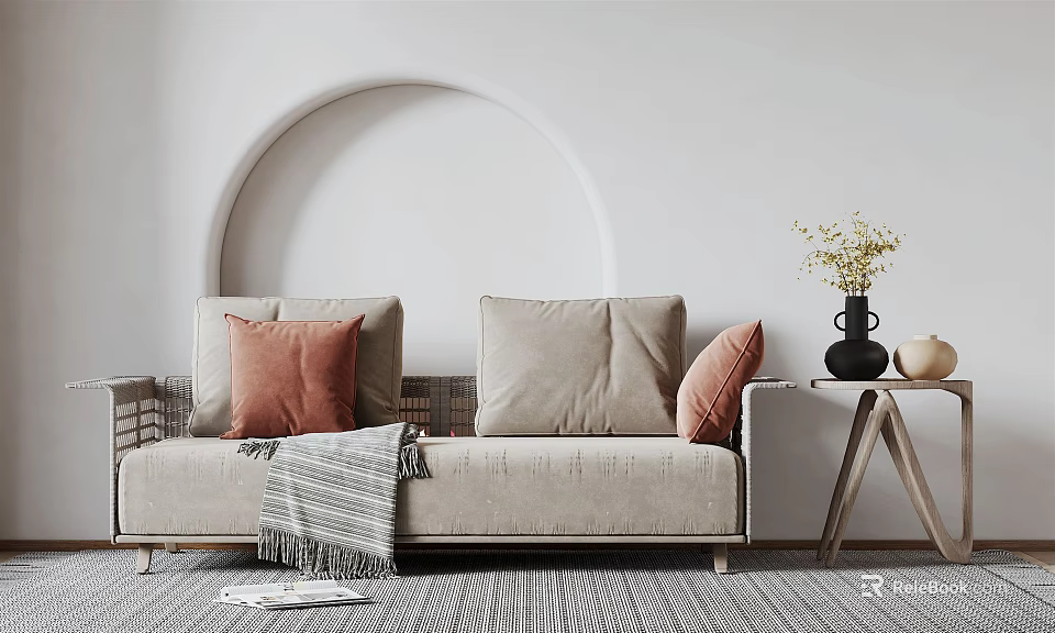 Light Gray Modern Sectional Sofa Featuring Beige Pink Pillows Throw Blanket Arched Wall Plants 3d model 