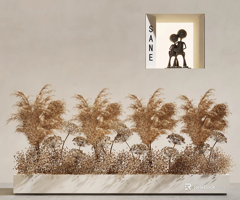 Dried Plant Arrangement In Planter With Tall Grass And Low Dried Flowers 3d model 