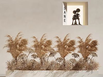 Dried Plant Arrangement In Planter With Tall Grass And Low Dried Flowers 3d model