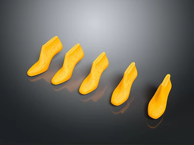 Five Yellow Shoe Toe Shapes Arranged In Row On Black Background 3d model