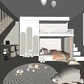 Playful Kids Room Interior With Loft Bed Staircase Teddy Bears And Hanging Balloons