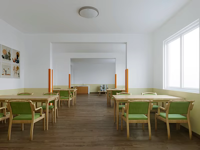 Bright Dining Room Interior With Long Tables Green Chairs Orange Pillars Wooden Flooring And Posters 3d model