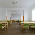 Bright Dining Room Interior With Long Tables Green Chairs Orange Pillars Wooden Flooring And Posters