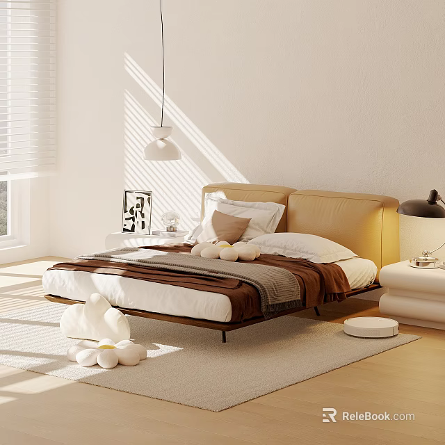 Modern Double Bed With Upholstered Headboard Pillows Throw Blanket Bedside Table Lamp And Wooden Floor 3d model 