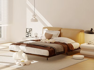 Modern Double Bed With Upholstered Headboard Pillows Throw Blanket Bedside Table Lamp And Wooden Floor 3d model