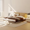 Modern Double Bed With Upholstered Headboard Pillows Throw Blanket Bedside Table Lamp And Wooden Floor