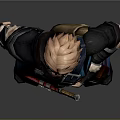 Man With Pink Hair In Black And Blue Stylish Outfit With Armor And Protective Gear