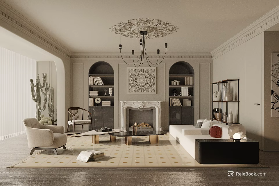 Elegant Living Room Interior Design With Ornate Chandelier Fireplace And Symmetrical Bookshelves 3d model 