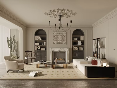 Elegant Living Room Interior Design With Ornate Chandelier Fireplace And Symmetrical Bookshelves 3d model