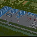 Industrial Factory with Blue White Roofs Warehouse Buildings Surrounded by Trees River Parking Trucks Cranes