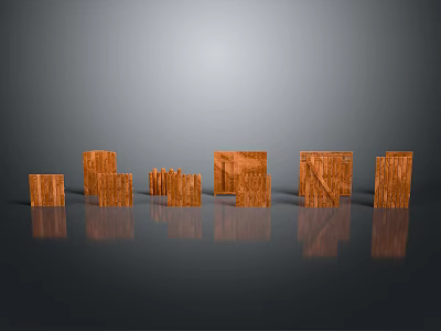 Multiple Brown Wooden Blocks Arranged On Gray Background With Reflections 3d model