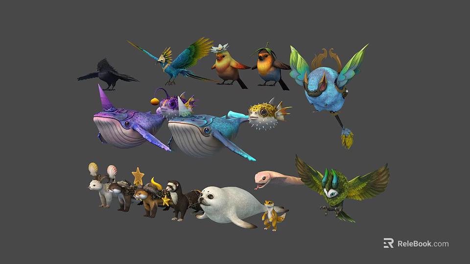 Colorful Cute Cartoon Animal Characters Including Whales Birds Bears And Rabbits 3d model 