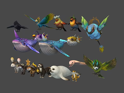 Colorful Cute Cartoon Animal Characters Including Whales Birds Bears And Rabbits 3d model