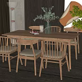 Wooden Dining Table And Chairs Set With Vase Green Plants And Wooden Wall Decor