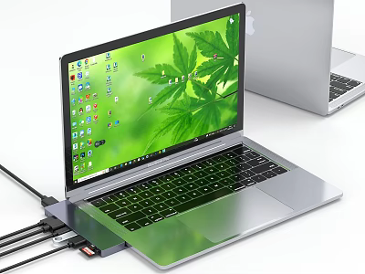 Silver Laptop With Green Screen Display And Connected External Devices 3d model