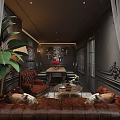 Vintage Café Interior With Dark Walls Leather Sofas Green Plants And Decorative Painting