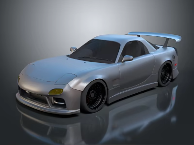 Silver Modified Sports Car With Large Rear Spoiler Black Wheels And Sleek Design 3d model