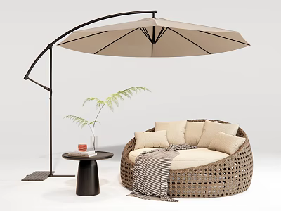 Outdoor Wicker Sofa With Beige Cushions Small Round Table Arched Patio Umbrella And Plant 3d model