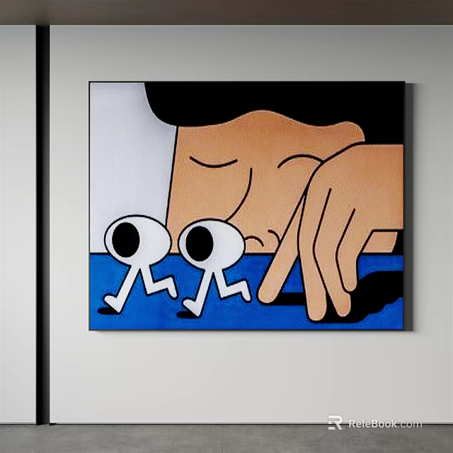 Cartoon Artwork With Two Stick Figures Big Hand And Blue Background 3d model