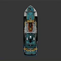 Fishing Boat With Blue And Red Hull Featuring Fishing Cranes And Equipment
