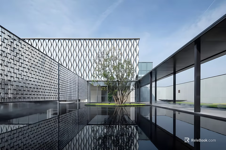 Modern Sales Office Building With Lattice Wall Pool Reflection And Glass Structure 3d model