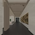 Elegant Hotel Corridor Interior With Marble Walls Art Painting Recessed Lighting And Wooden Ceiling Design
