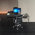 Modern Office Desk With Computer Monitor Desk Lamp Notebook Stationery And Ergonomic Office Chair