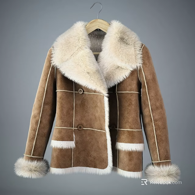 Brown Shearling Coat With White Fur Collar Fur Cuffs And Stitched Details 3d model 