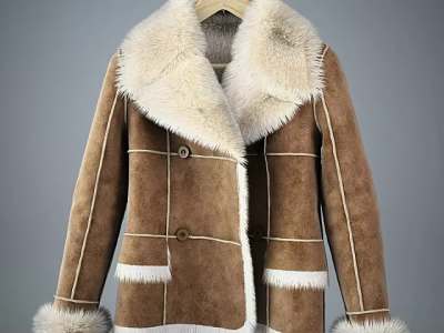 Brown Shearling Coat With White Fur Collar Fur Cuffs And Stitched Details 3d model