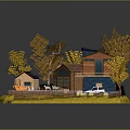 Cartoon Countryside Scene With Wooden Houses Yellow Trees Animal Pen White Car And Green Grass