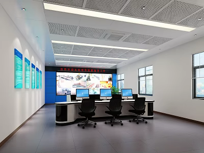 Modern Monitoring Room With Large Display Screen Multiple Computers Black Office Chairs And Windows 3d model