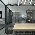 Modern Public Office Space Interior With Comfortable Sofas Coffee Table And Glass Partitions 3d model