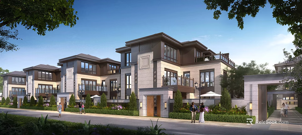 Elegant Modern Townhouse Exterior Design With Garden Lawn Balcony And Windows 3d model 