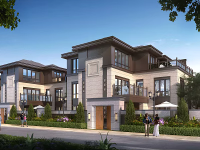 Elegant Modern Townhouse Exterior Design With Garden Lawn Balcony And Windows 3d model