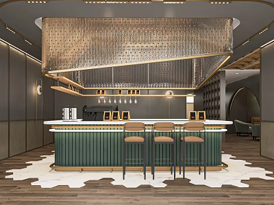 Modern Café Interior With Green Bar Counter Decorative Chandelier Stools And White Rug 3d model