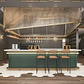 Modern Café Interior With Green Bar Counter Decorative Chandelier Stools And White Rug
