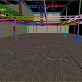 Empty Warehouse Interior With Concrete Floor Metal Shelves Ceiling Structure Lighting And Corner Barrels