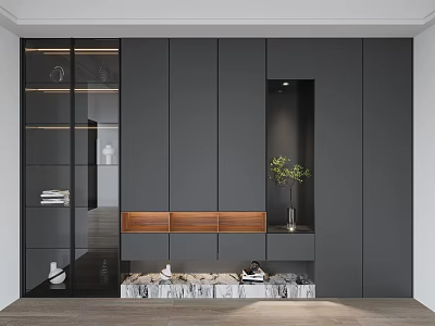 Modern Gray Wardrobe Interior Design With Glass Doors Wooden Panel And Marble Base 3d model
