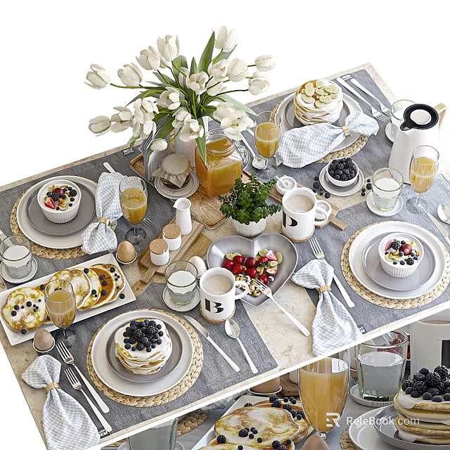 Elegant Tableware Collection With Tulips Jam Jar Juice Glasses Fresh Fruits Desserts And Linen Napkins 3d model 