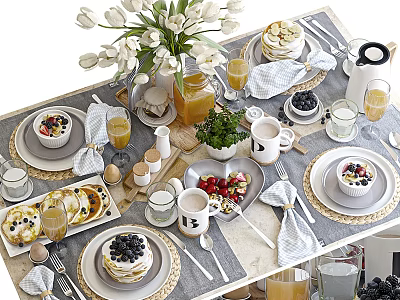 Elegant Tableware Collection With Tulips Jam Jar Juice Glasses Fresh Fruits Desserts And Linen Napkins 3d model