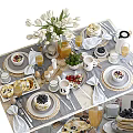 Elegant Tableware Collection With Tulips Jam Jar Juice Glasses Fresh Fruits Desserts And Linen Napkins