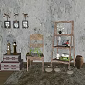 Rustic Wooden Shelf Unit With Decorative Items Woven Chair And Framed