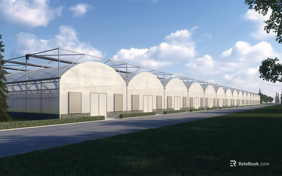 Modern Industrial Factory Building With Arched Roofs Metal Frames And White Walls 3d model 