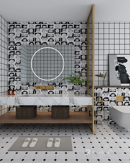 Modern Bathroom With Patterned Tiles Round Mirror Marble Countertop And Storage Baskets 3d model