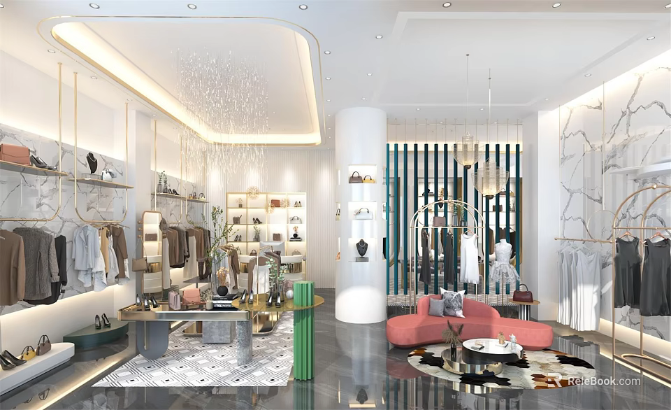 Modern Luxury Clothing Store Interior Design With Elegant Apparel Display And Comfortable Lounge Space 3d model 