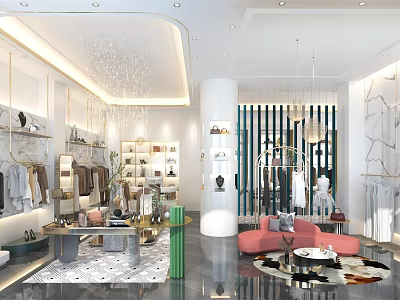 Modern Luxury Clothing Store Interior Design With Elegant Apparel Display And Comfortable Lounge Space 3d model