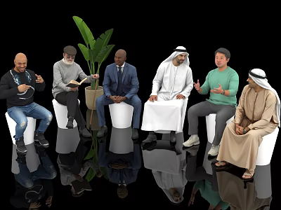 Diverse People in Different Attire Sitting Together With Green Plant and Reflections on Black Background 3d model