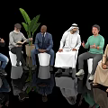Diverse People in Different Attire Sitting Together With Green Plant and Reflections on Black Background