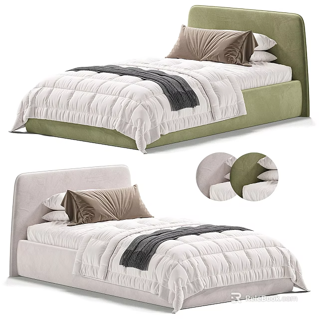 Double Bed With Green And Beige Upholstered Headboard White Quilt Grey Blanket And Pillows 3d model 